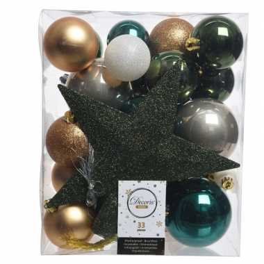 Goedkope dennengroen/goud/wit kerstballen pakket piek stuks