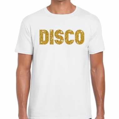 Goedkope disco goud glitter tekst t shirt wit heren