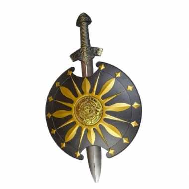 Goedkope gladiator wapens set zwaard schild goud/zwart