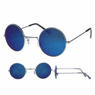 Goedkope hippie bril zilver ronde blauwe glazen volwassenen