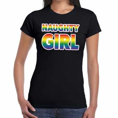 Goedkope naughty girl gay pride t shirt zwart dames