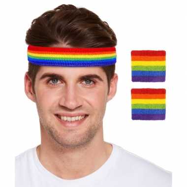 Goedkope regenboog pride kleuren hoofd pols zweetbandjes set