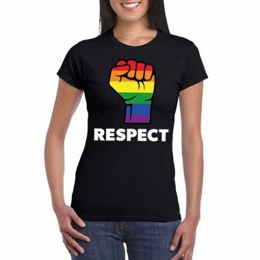 Goedkope respect lgbt shirt regenboog vuist zwart dames