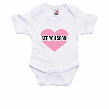 Goedkope see you soon roze hart gender reveal baby rompertje wit meisjes