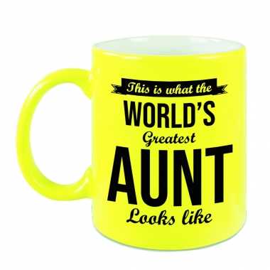Goedkope tante cadeau mok / beker neon geel this is what the worlds greatest aunt looks like
