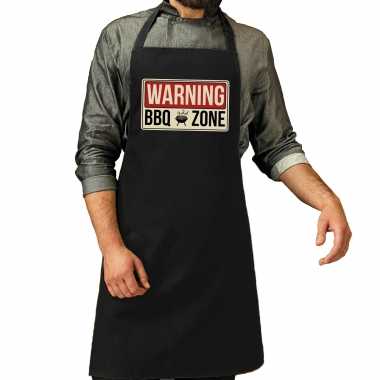 Goedkope warning bbq zone bbq schort / keukenschort zwart heren