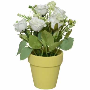Goedkope witte bloemen/rozen kunstplant kunststof pot