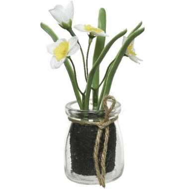 Goedkope x wit/gele narcissus/narcissen kunstplanten glazen pot