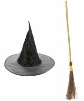 Goedkope heksen accessoires set hoed bezem meisjes