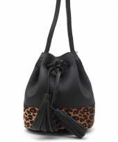 Zwart bruin luipaardgoedkope schoudertasje bucket bag